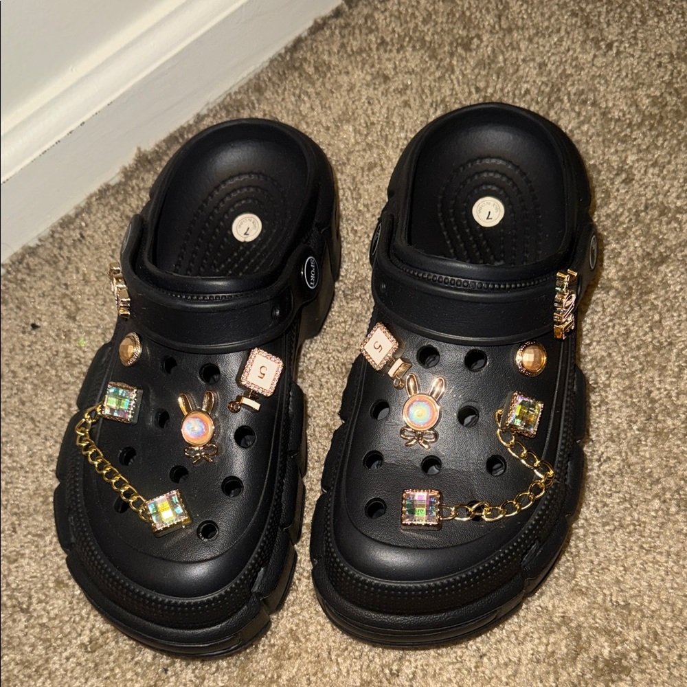 Off Brand Similar to Crocs Black Mules with Gold Accents